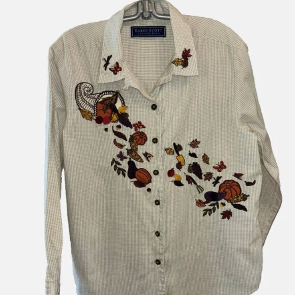 Karen Scott Embroidered Fall Autumn Cornucopia Pumpkin Patch Shirt S, Fall - Picture 4 of 7